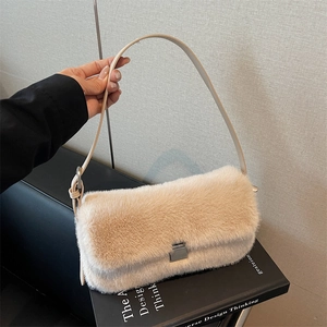 Faux Fur Underarm Bag Plush Small Square Shoulder Purse With Metal Buckle Casual Autumn Winter Handbag For Women