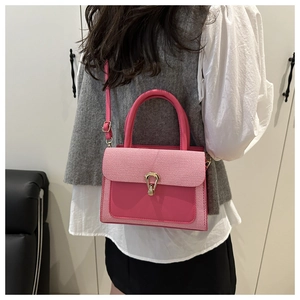 Detail of fuchsia leather and woven handbag featuring golden horseshoe clasp and handle