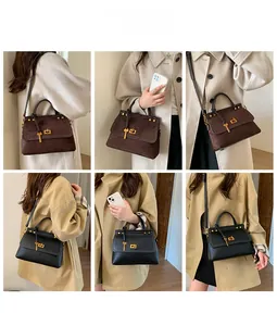 Collage of coffee suede and black leather messenger bags shown in various carrying styles