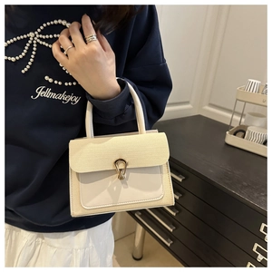 Detail of beige contrast handbag featuring canvas texture and golden horseshoe buckle
