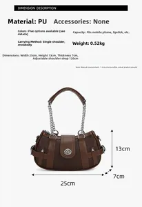 Close-up of vintage brown PU bag with chain strap and detailed size specs (25x13x7cm)