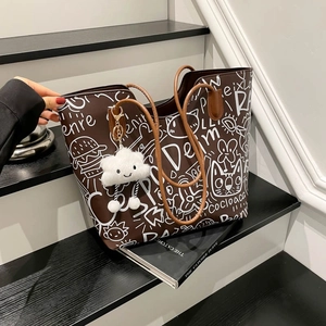 Graffiti Doodle PU Leather Tote Bag Large Capacity Casual Shoulder Bag For Women Underarm Style Streetwear Cartoon Printed