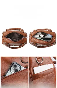 Detailed interior storage of the brown leather tote bag with multiple compartments