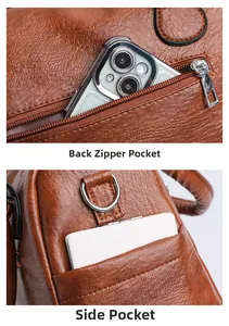 Detail of dark brown leather tote showing back zipper pocket and side open compartment