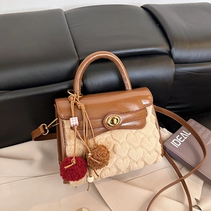 Vintage Plush Leather Patchwork Kelly Bag For Women Heart Embossed Faux Fur Handbag With Pom Pom Charm Crossbody Shoulder Bag