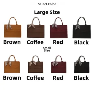 Detailed comparison of tote bags in two sizes and four classic colors with scarves