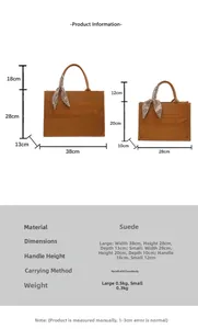 Detailed size chart for suede tote bags featuring dimensions and strap height in brown