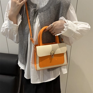 Fashion contrast color crossbody bag with orange leather and beige woven fabric