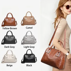 Minimalist faux leather Boston tote bag for women in six colors with crossbody strap