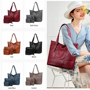 Three-piece retro textured leather tote bag set for women in six classic colors