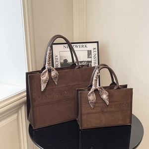 Fashion Large Capacity Women Suede Tote Bag Decorative Silk Scarf Frosted Letter Handbag For Casual Commute Travel Work