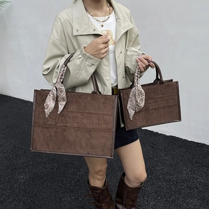 Brown suede tote bag set with decorative scarf and embossed lettering in two sizes