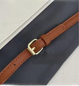 Macro detail of brown pebble grain leather shoulder strap with gold metal buckle