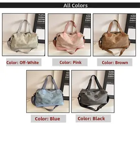 Collage of large travel bags in five colors including cream pink blue and black options