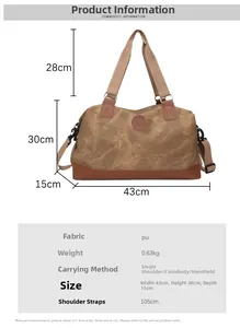 Detailed dimensions of the brown PU leather travel bag showing size and strap length