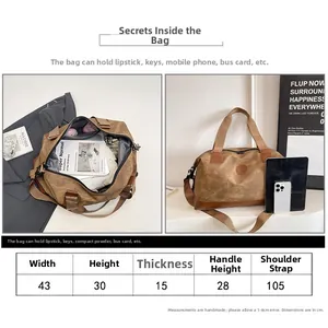 Size chart detail for large travel bag showing dimensions 43x30x15cm with strap and capacity
