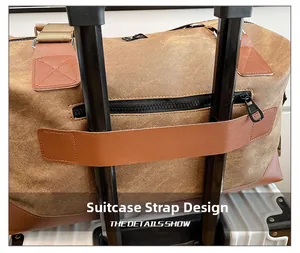 Detail of travel bag trolley sleeve fitting over suitcase handle for business trips