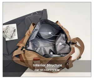 Interior detail of large travel bag showing zipper pocket and spacious main compartment