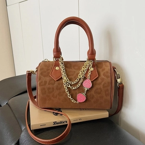 Vintage Leopard Print PU Leather Boston Bag For Women Strawberry Chain Crossbody Bag Handbag Casual Travel Shoulder Bag