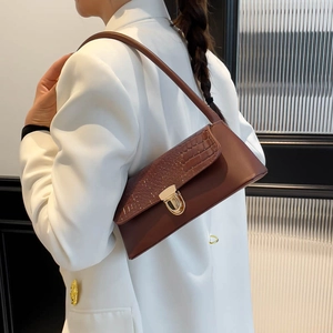Brown crocodile pattern baguette shoulder bag with gold metal buckle for women