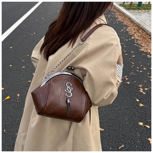 Sac vintage marron avec logo en métal et frange sur fond de rue d'automne