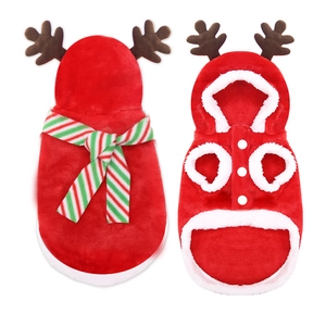 Sweat à capuche de Noël pour chien en polaire rouge avec bois de renne et écharpe