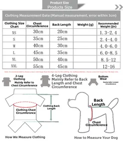 Tableau des tailles détaillé pour vêtements de Noël animaux de XS à XXL avec mesures précises