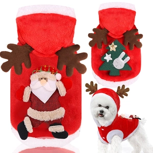 Vêtements De Noël Pour Chien Flanelle Polaire Corail Chaud À Capuche Bois D'Élan Père Noël Costume Pour Chats Chiens
