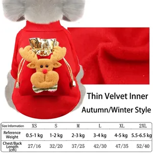 Christmas dog sweater size chart with red reindeer fleece hoodie details and dimensions