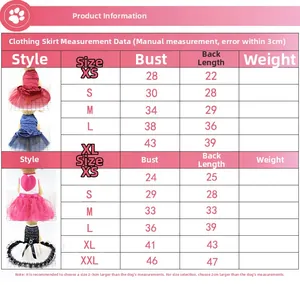 Size chart for pet dresses with XS to XXL dimensions for chest and back length