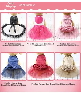 Detail of luxury pet dresses featuring rhinestones, satin bows and tulle lace fabrics
