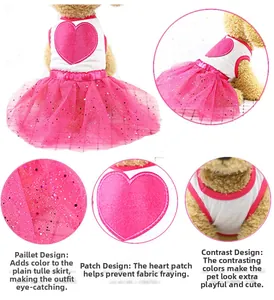 Detail of pink dog dress with heart patch, sequined tulle skirt and contrast binding finish