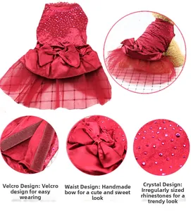 Detail of red pet princess dress with rhinestones and magic tape closure