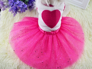 Détails d'une robe tutu pour animal avec cœur à paillettes sur fond en peluche blanc