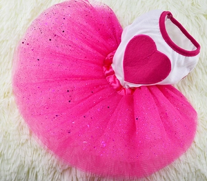 Détail de robe pour chien avec patch cœur rouge et jupe en tulle pailleté