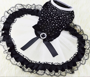 Détail d'une robe pour chien avec haut en strass noir et jupe en dentelle blanche sur peluche