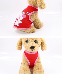Detail of red dog tank top with cartoon pig print and pink ribbed edges for small pets