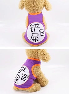 Detail of purple pet vest with orange trim showing breathable fabric and back print