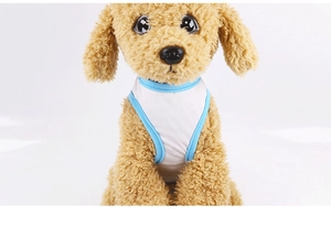 Detail of breathable mesh pet cooling vest with blue piping on a small toy poodle
