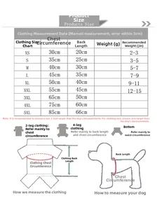 Size chart for pet shirts showing bust and back length for small and large dogs