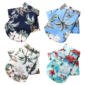 Hawaiian pet shirts for small dogs and cats featuring tropical hibiscus and palm prints