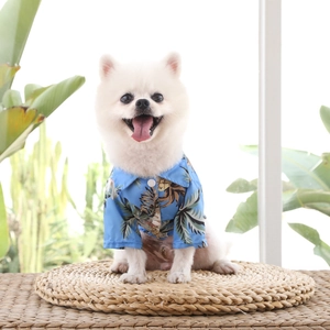Detail of Hawaii style blue dog shirt featuring tropical palm leaf print and white buttons