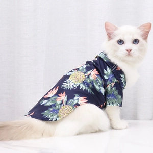 Detail of navy pet shirt with yellow pineapple print on a white cat, summer tropical style