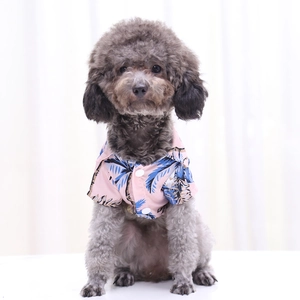 Close-up of pink pet shirt with palm leaf print and white button details