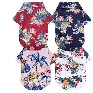 Hawaiian pet shirts for dogs and cats featuring pineapple prints in four colors