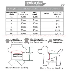 Size chart for pet clothing showing chest and back length for dogs and cats