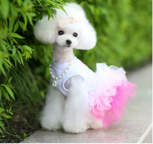 Detail of pink tutu pet dress with layered mesh skirt and elegant pearl necklace decor