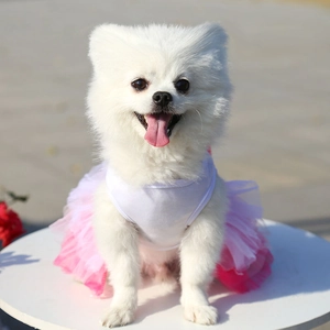Detail showing pink gradient tulle tutu on a white sleeveless pet dress for dogs