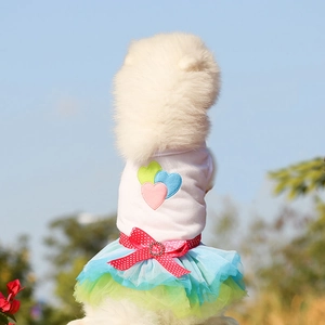 Close-up of pet dress with heart embroidery and blue mesh skirt on a white dog
