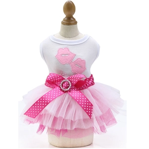 Detail of pet princess dress with pink heart embroidery and large polka dot bow